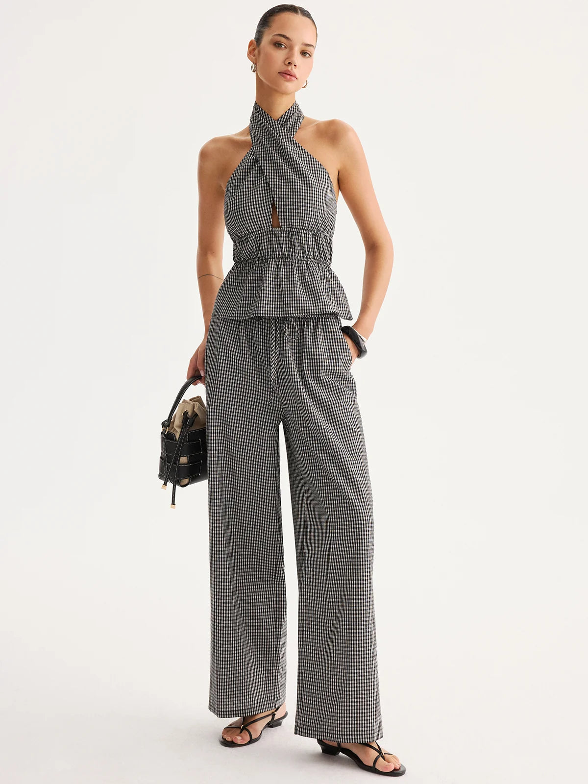 Halter Gingham Peplum Top & Pants Set
