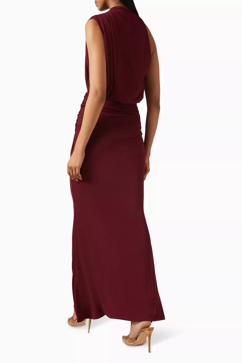 Burgundy Draped Ruched Maxi Dress