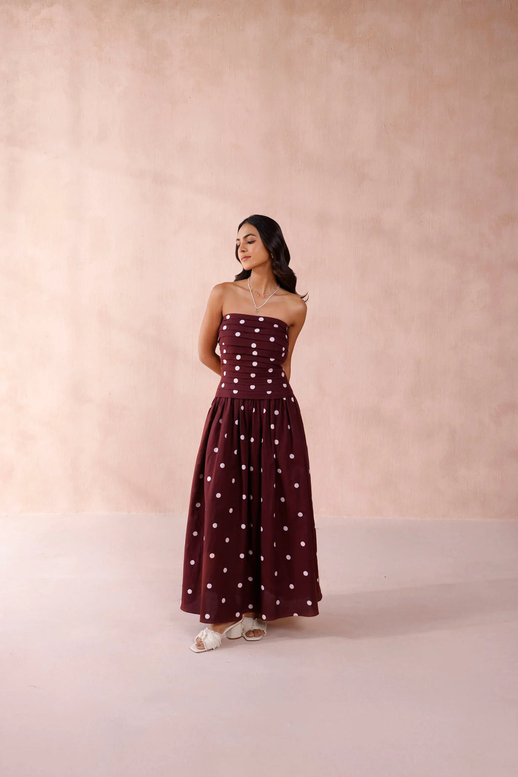 Burgundy Polka Dot Strapless Maxi Dress