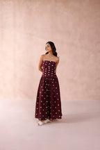 Burgundy Polka Dot Strapless Maxi Dress