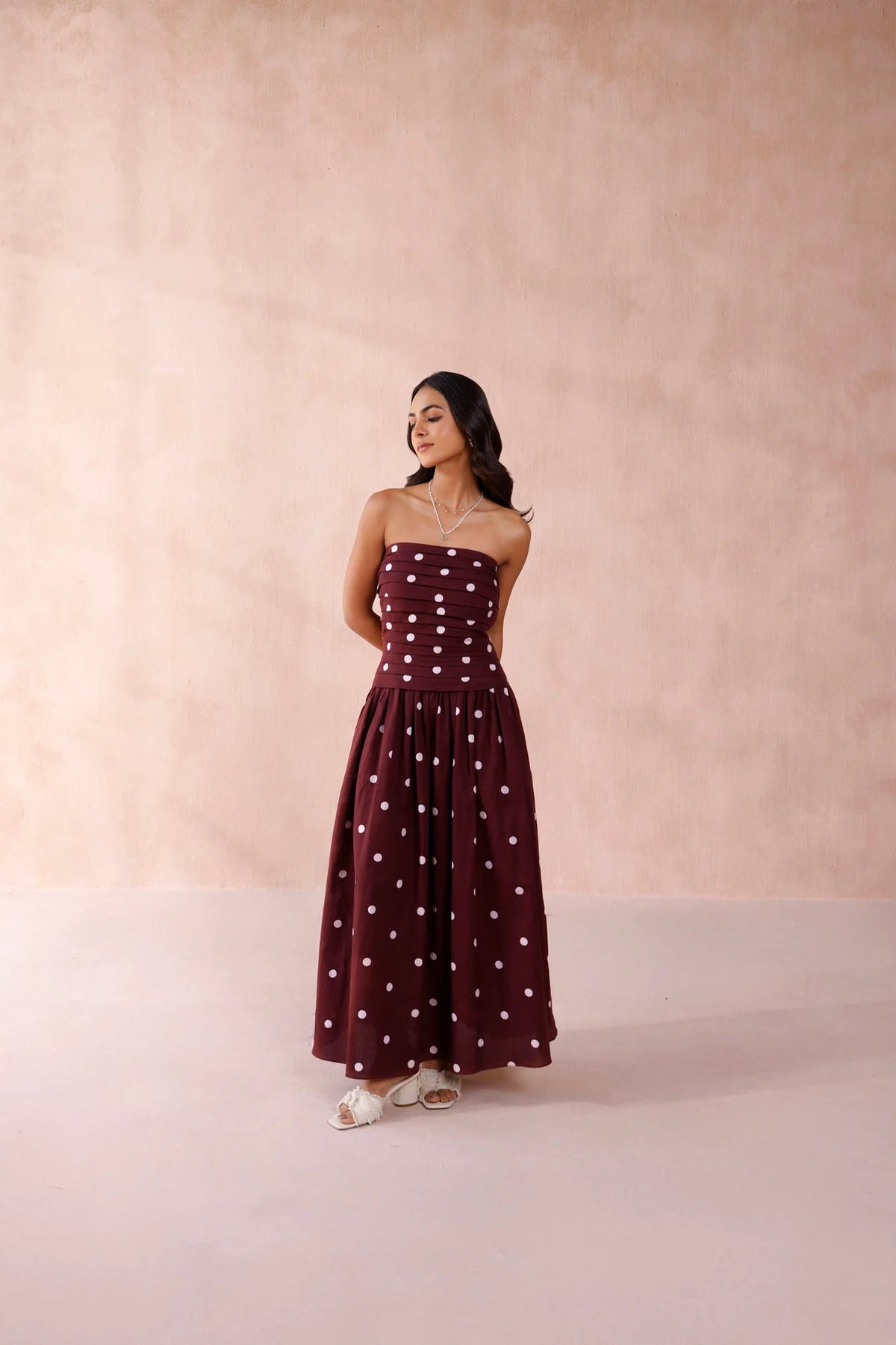 Burgundy Polka Dot Strapless Maxi Dress