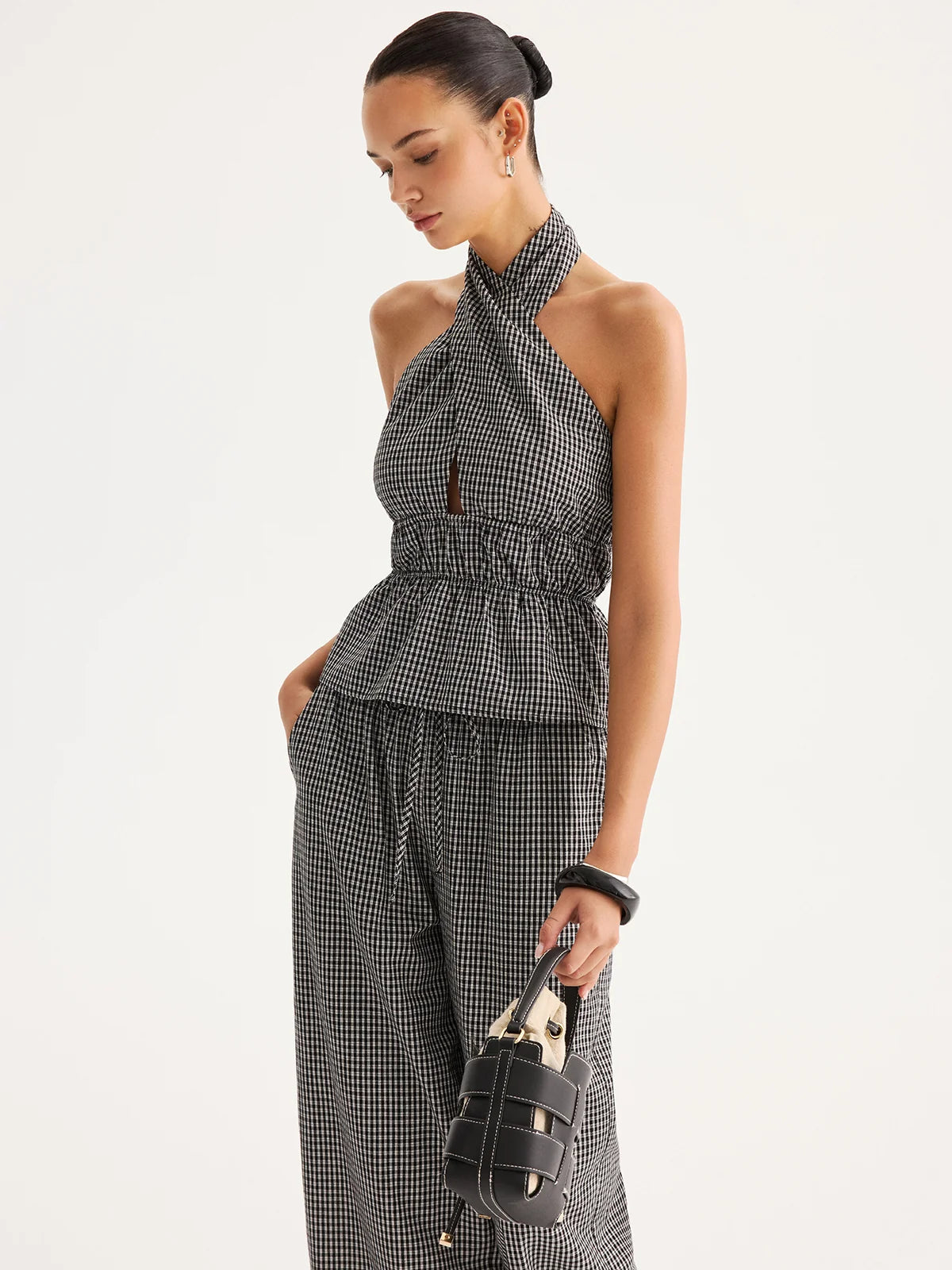 Halter Gingham Peplum Top & Pants Set