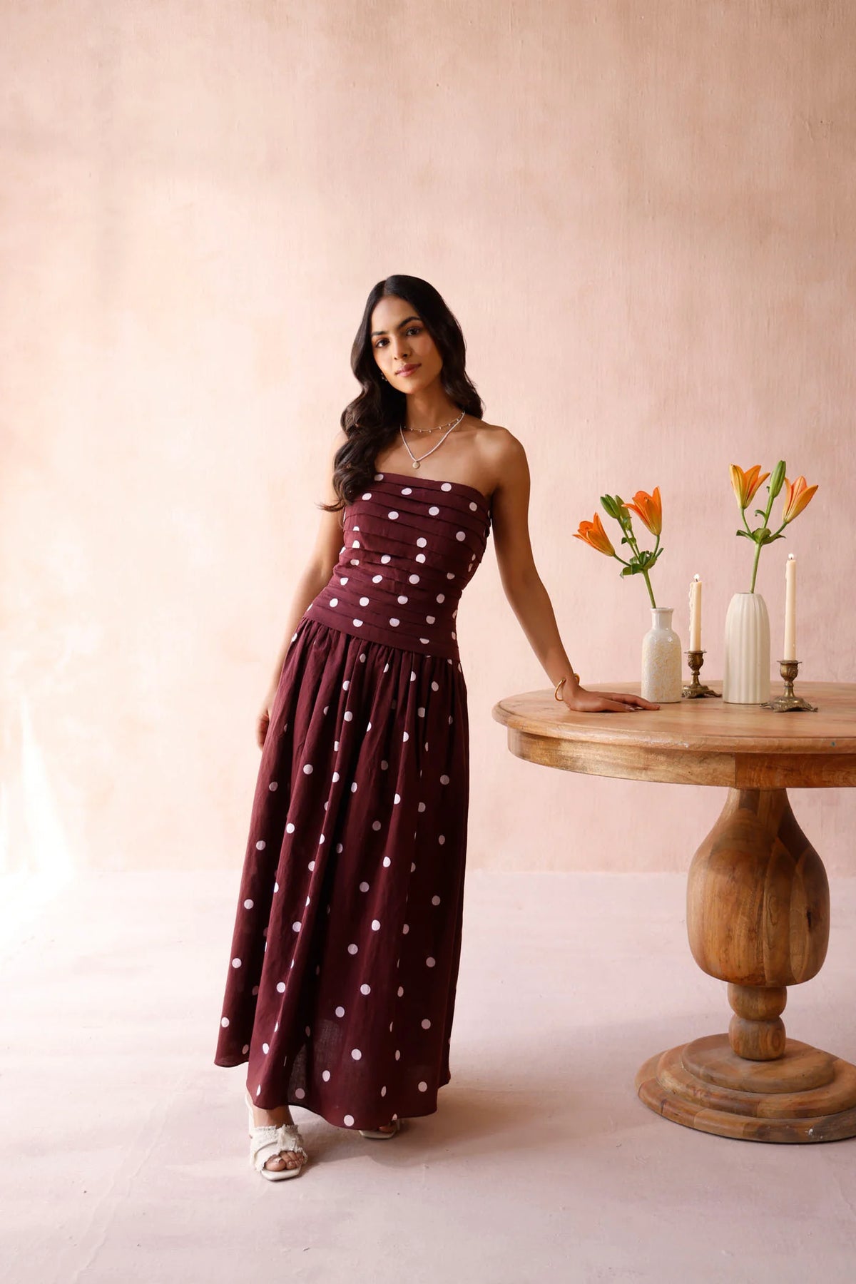 Burgundy Polka Dot Strapless Maxi Dress
