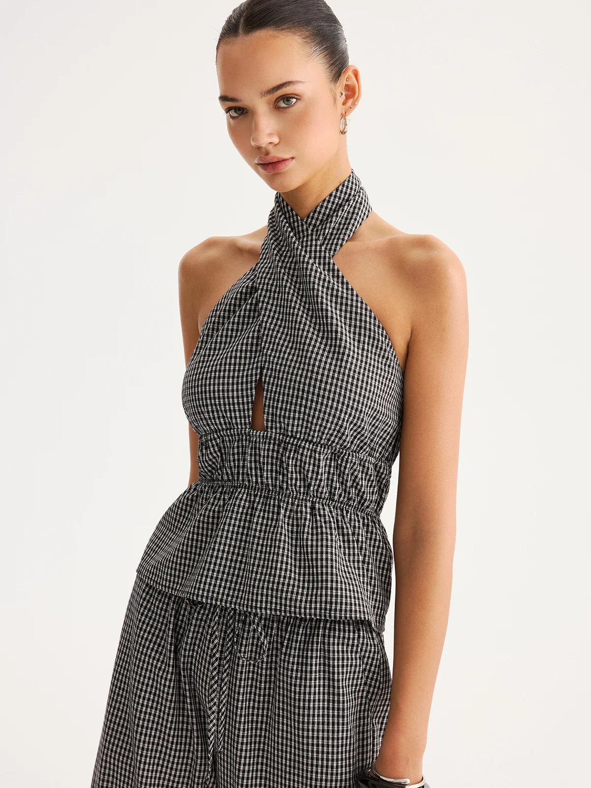 Halter Gingham Peplum Top & Pants Set