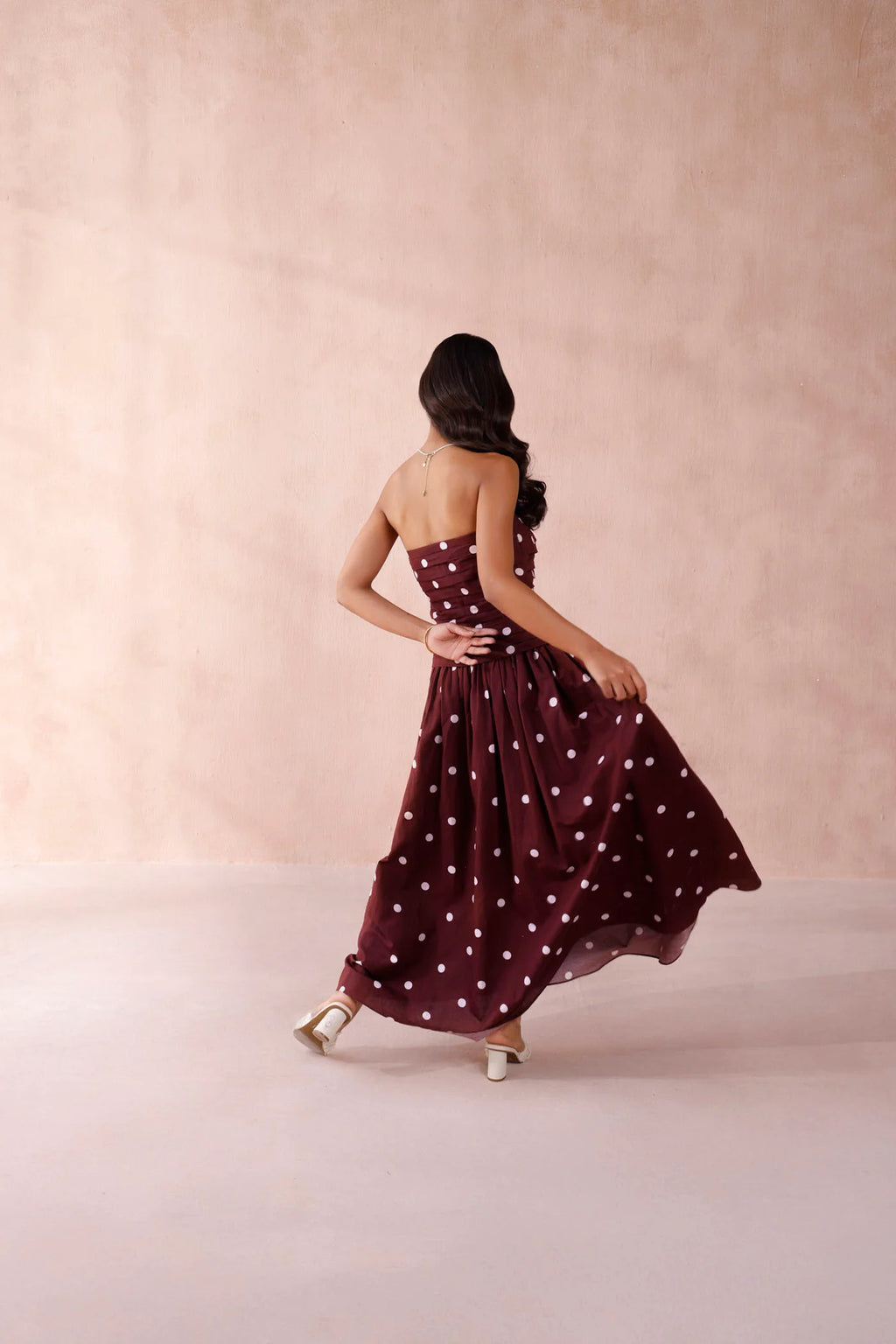 Burgundy Polka Dot Strapless Maxi Dress