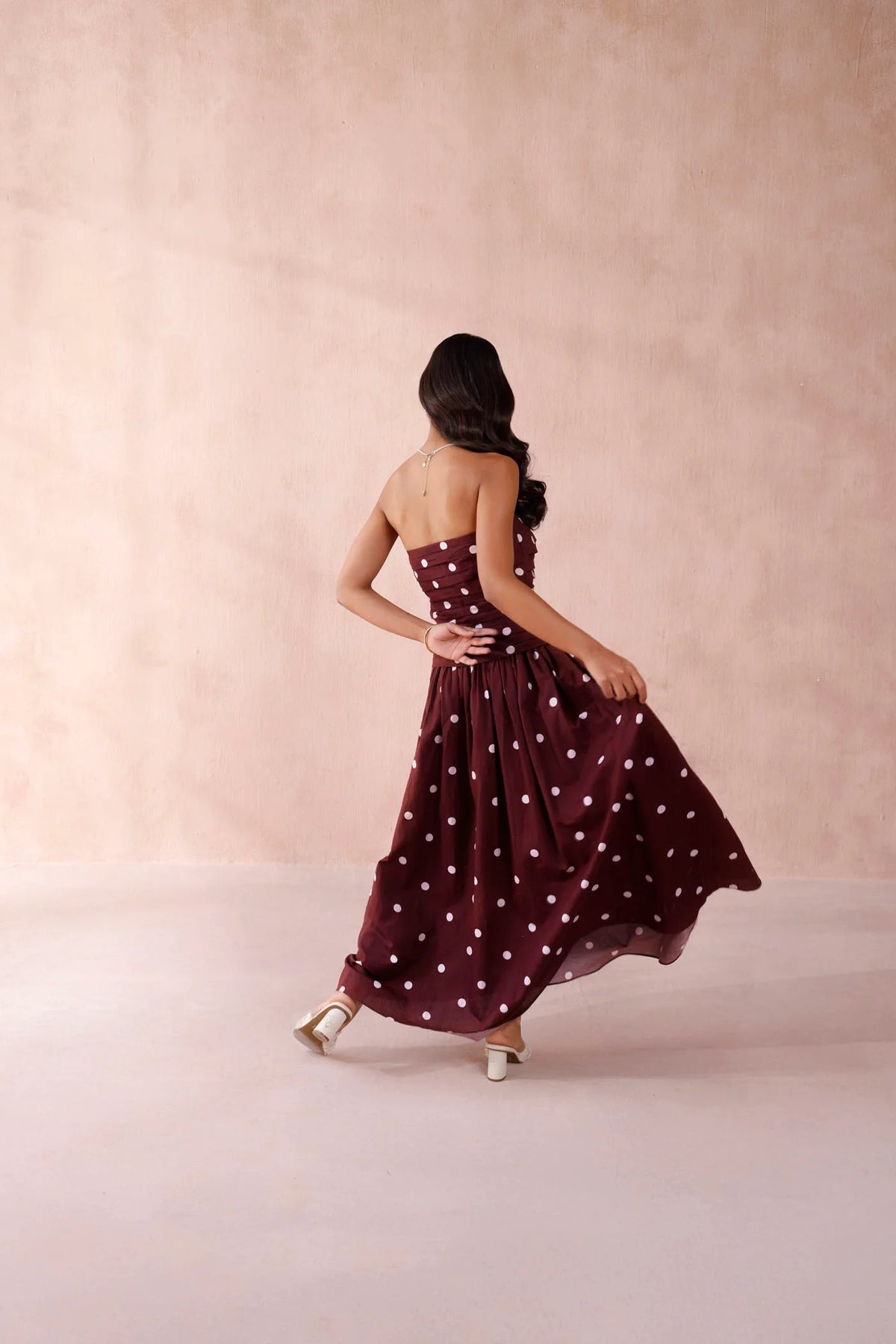 Burgundy Polka Dot Strapless Maxi Dress