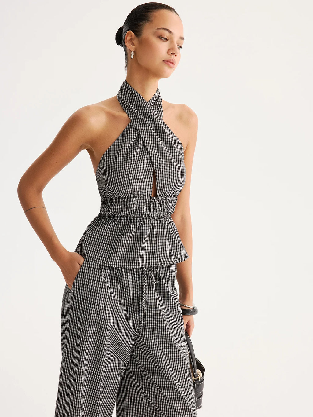 Halter Gingham Peplum Top & Pants Set