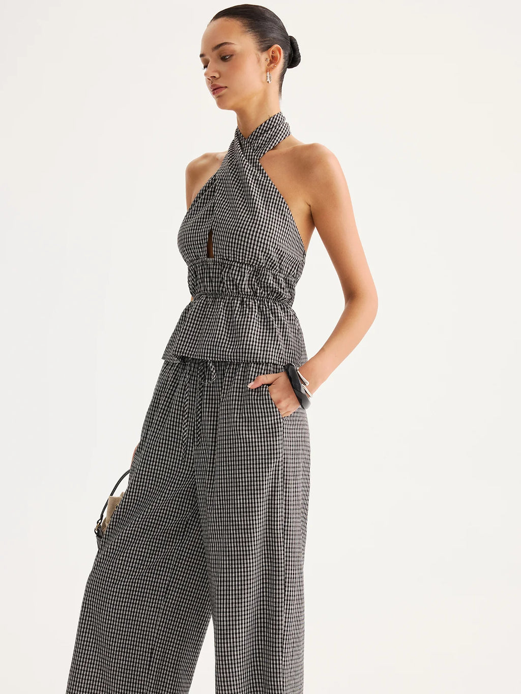 Halter Gingham Peplum Top & Pants Set