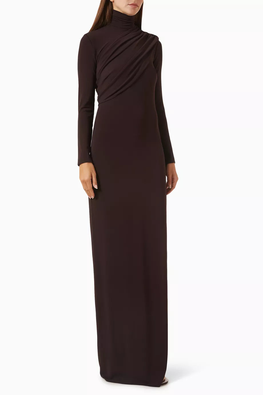 Chocolate Brown Draped High-Neck Maxi Dress