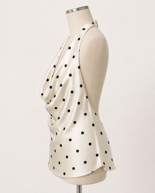 Ivory Polka Dot Cowl Neck Halter Top