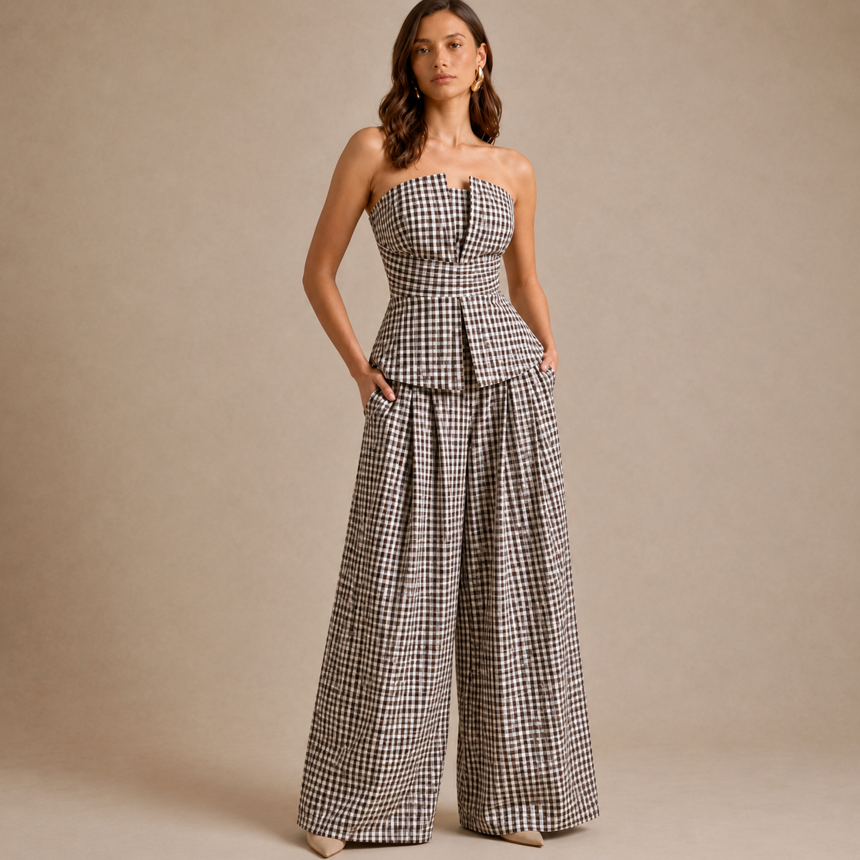 Brown Gingham Strapless Peplum Co-Ord Set