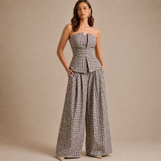Brown Gingham Strapless Peplum Co-Ord Set