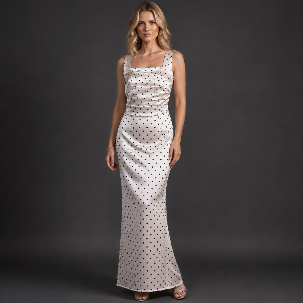 Ivory Polka Dot Satin Maxi Dress