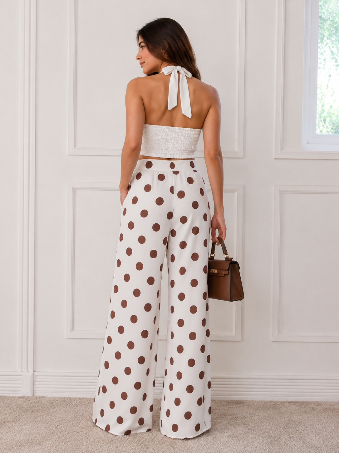 Brown Polka Dot Wide-Leg Trousers