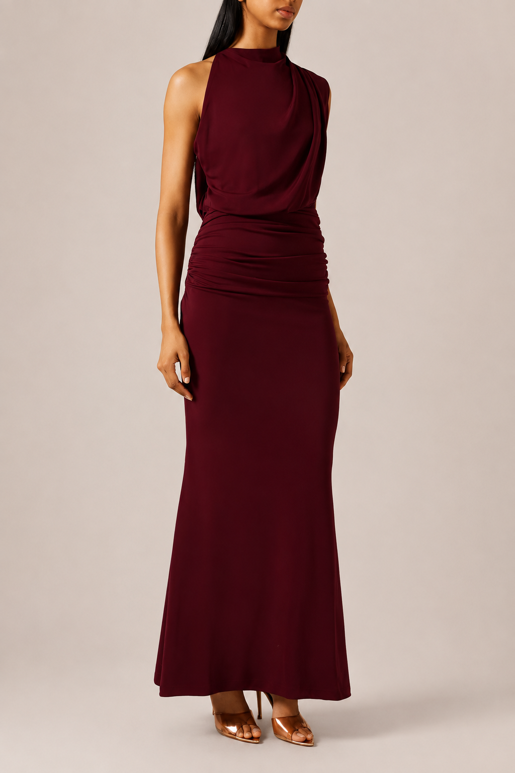 Burgundy Draped Ruched Maxi Dress