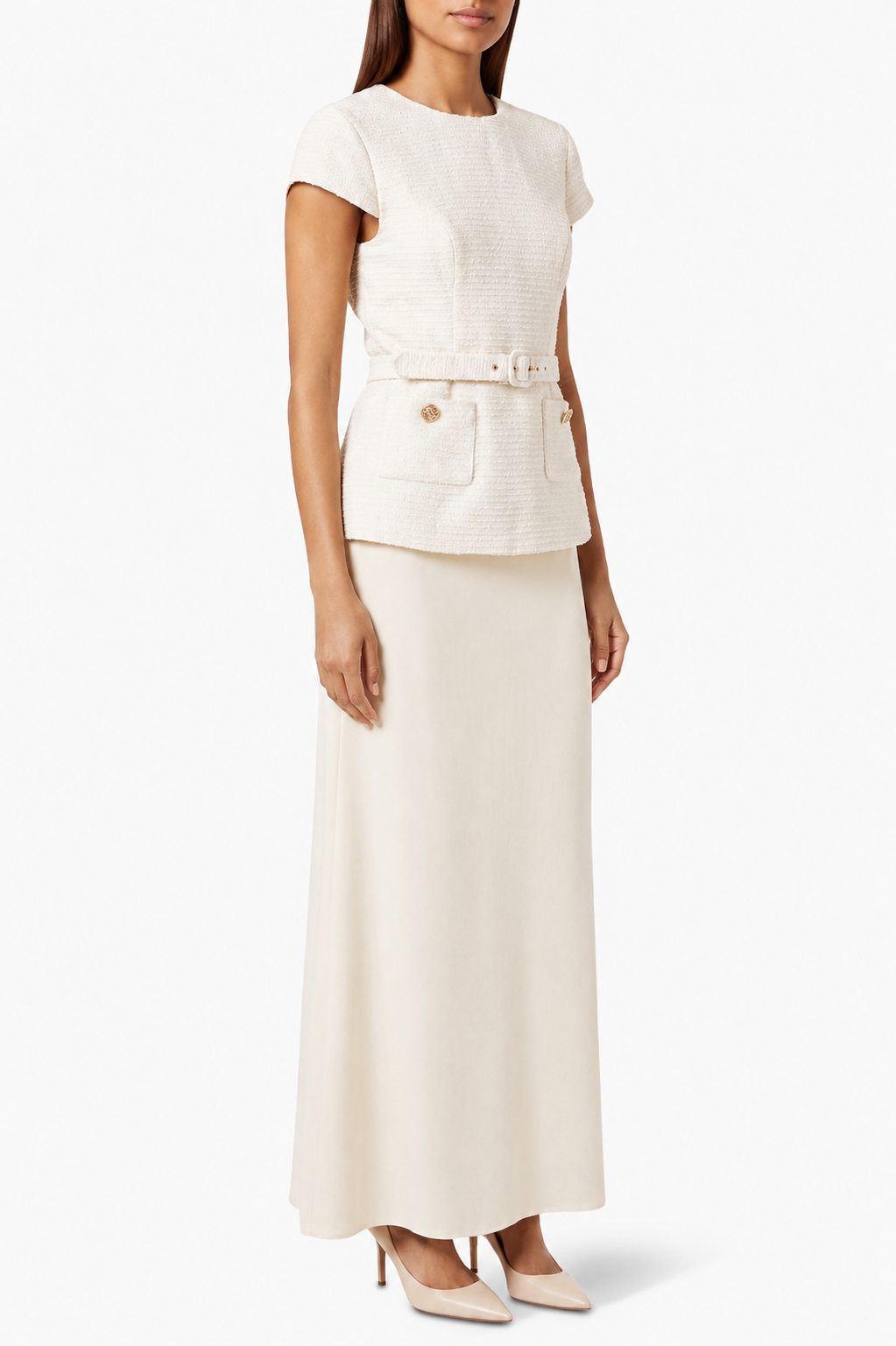 Ivory Textured Belted Top & Maxi Skirt Set
