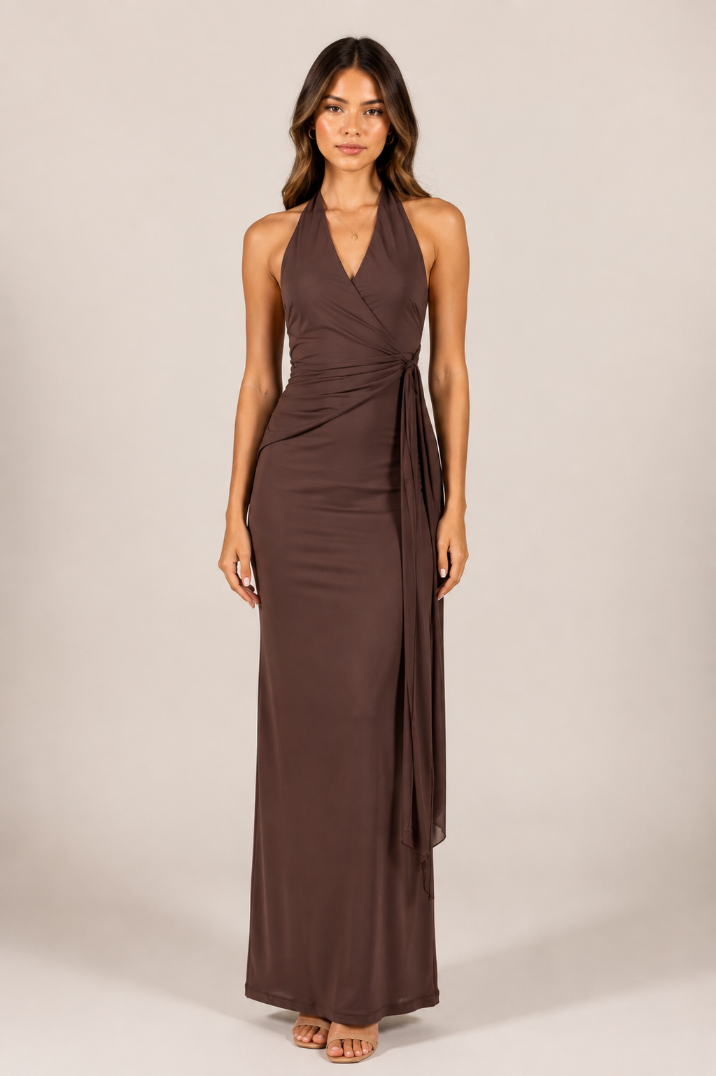 Chocolate Brown Halter Wrap Maxi Dress