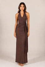 Chocolate Brown Halter Wrap Maxi Dress