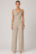 Beige Draped Neck Wide-Leg Jumpsuit