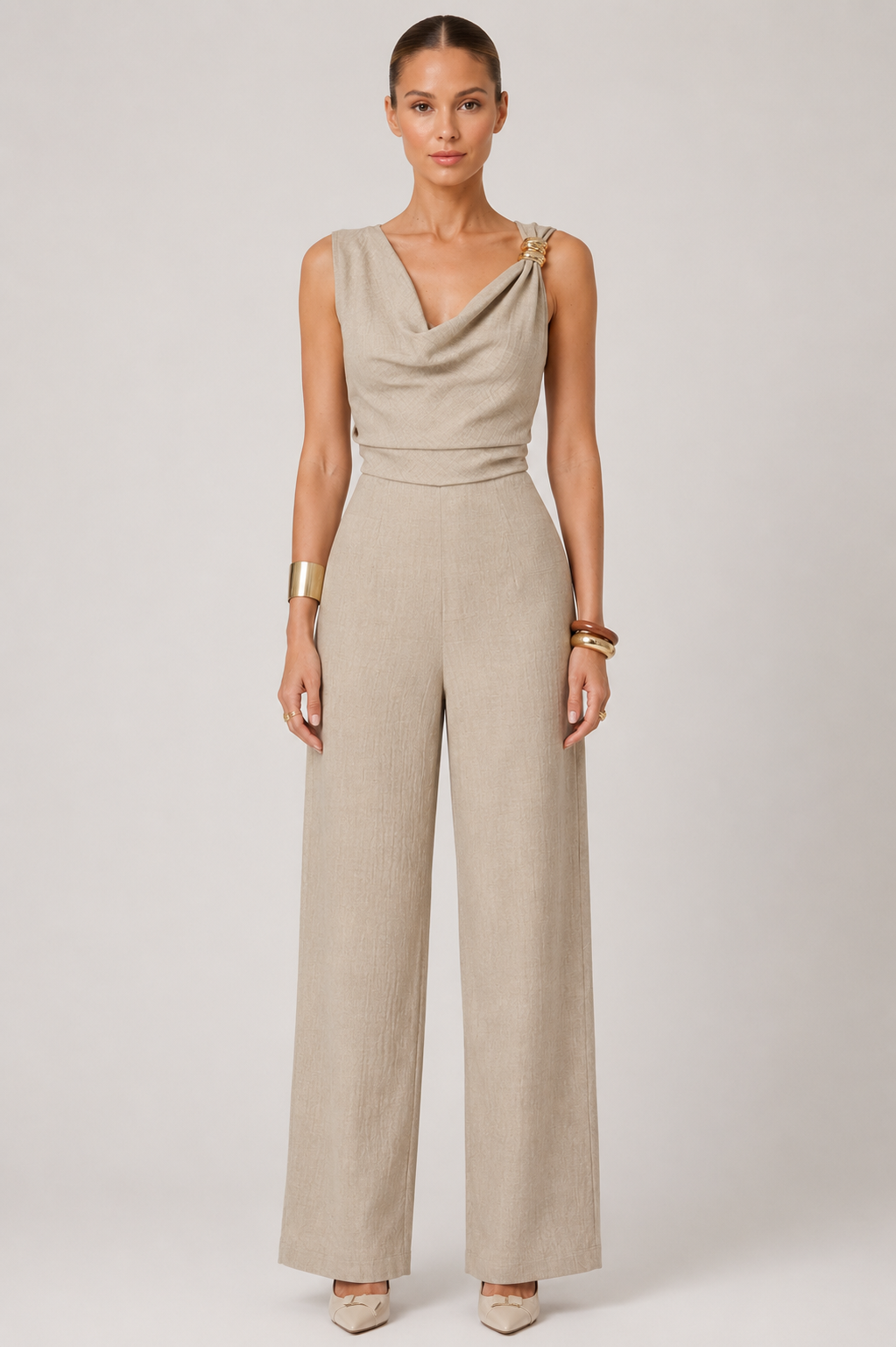 Beige Draped Neck Wide-Leg Jumpsuit