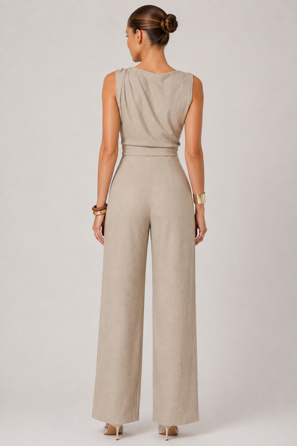 Beige Draped Neck Wide-Leg Jumpsuit