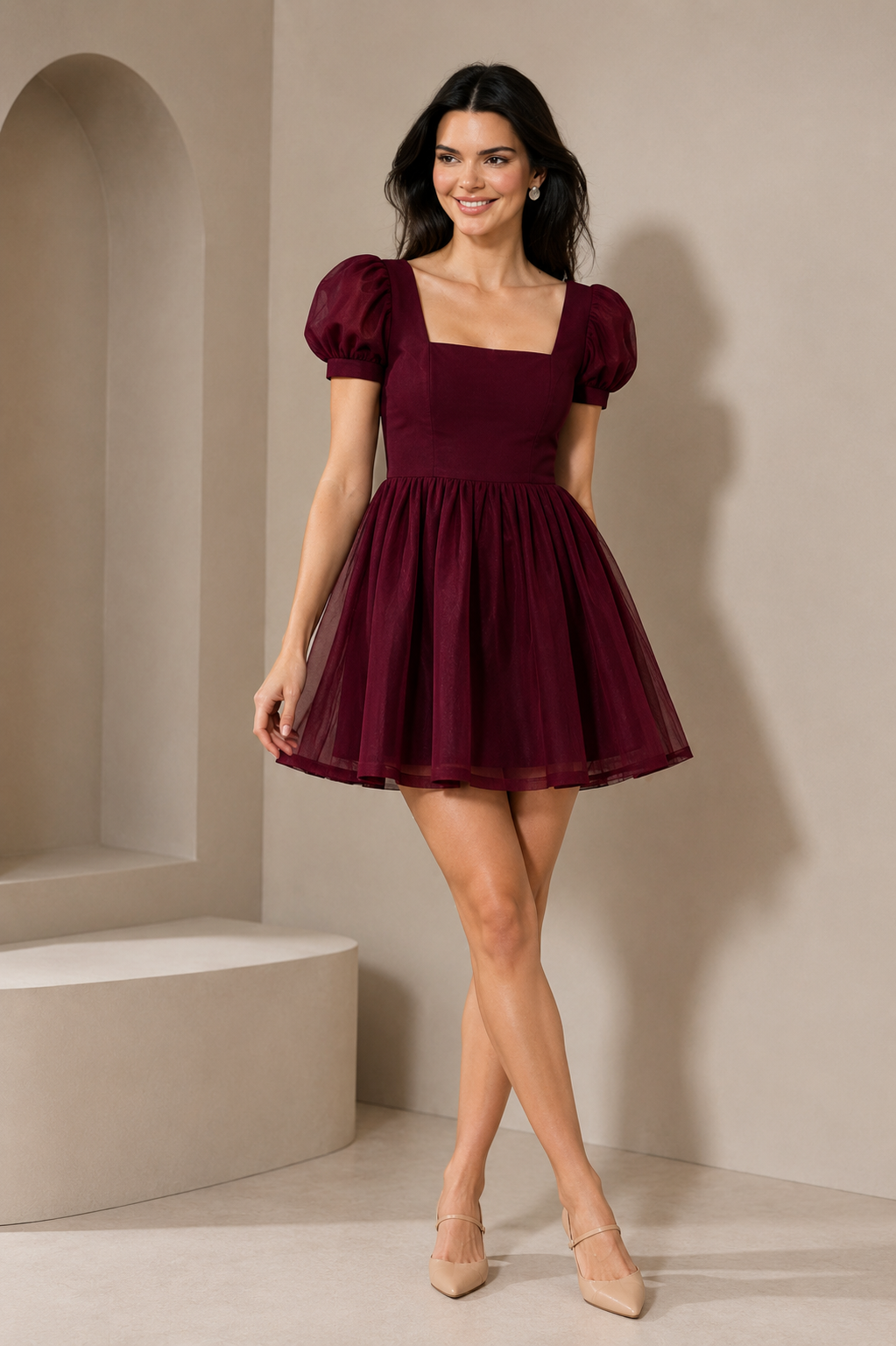 Wine Puff-Sleeve Skater Dress
