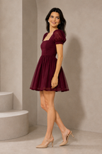 Wine Puff-Sleeve Skater Dress