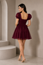 Wine Puff-Sleeve Skater Dress
