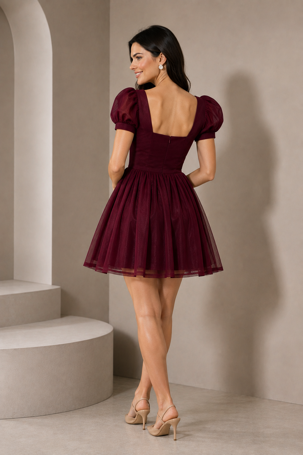 Wine Puff-Sleeve Skater Dress