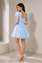 Powder Blue Puff-Sleeve Skater Dress