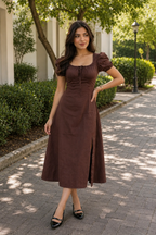 Chocolate Brown Ruched Puff-Sleeve Midi Dress