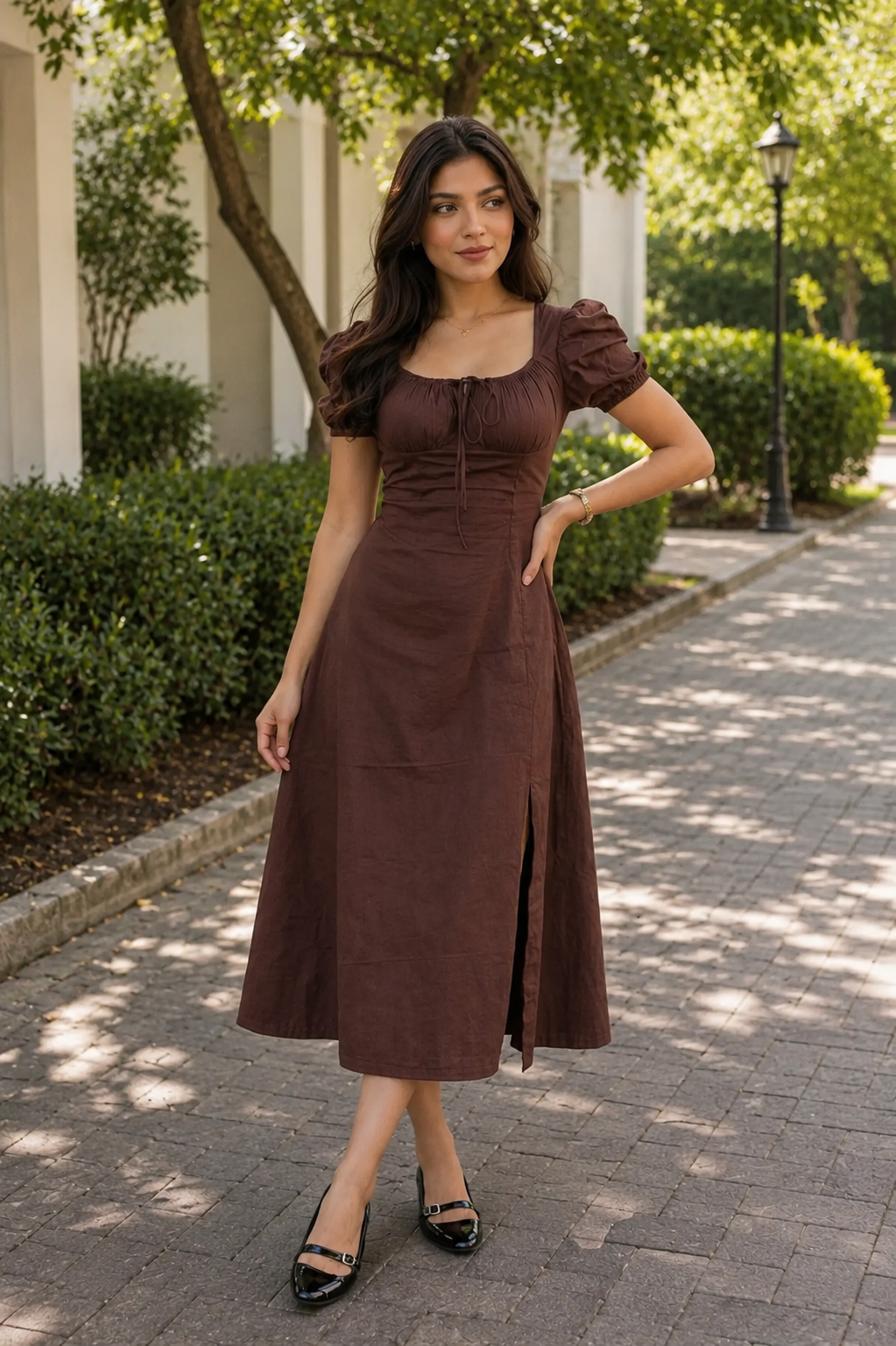 Chocolate Brown Ruched Puff-Sleeve Midi Dress