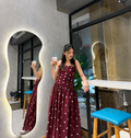 Burgundy Polka Dot Strapless Maxi Dress