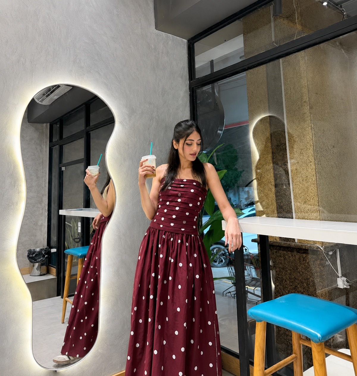 Burgundy Polka Dot Strapless Maxi Dress