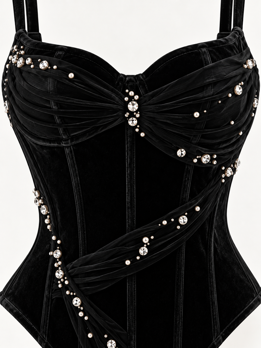 Noir Crystal Draped Velvet Corset Top