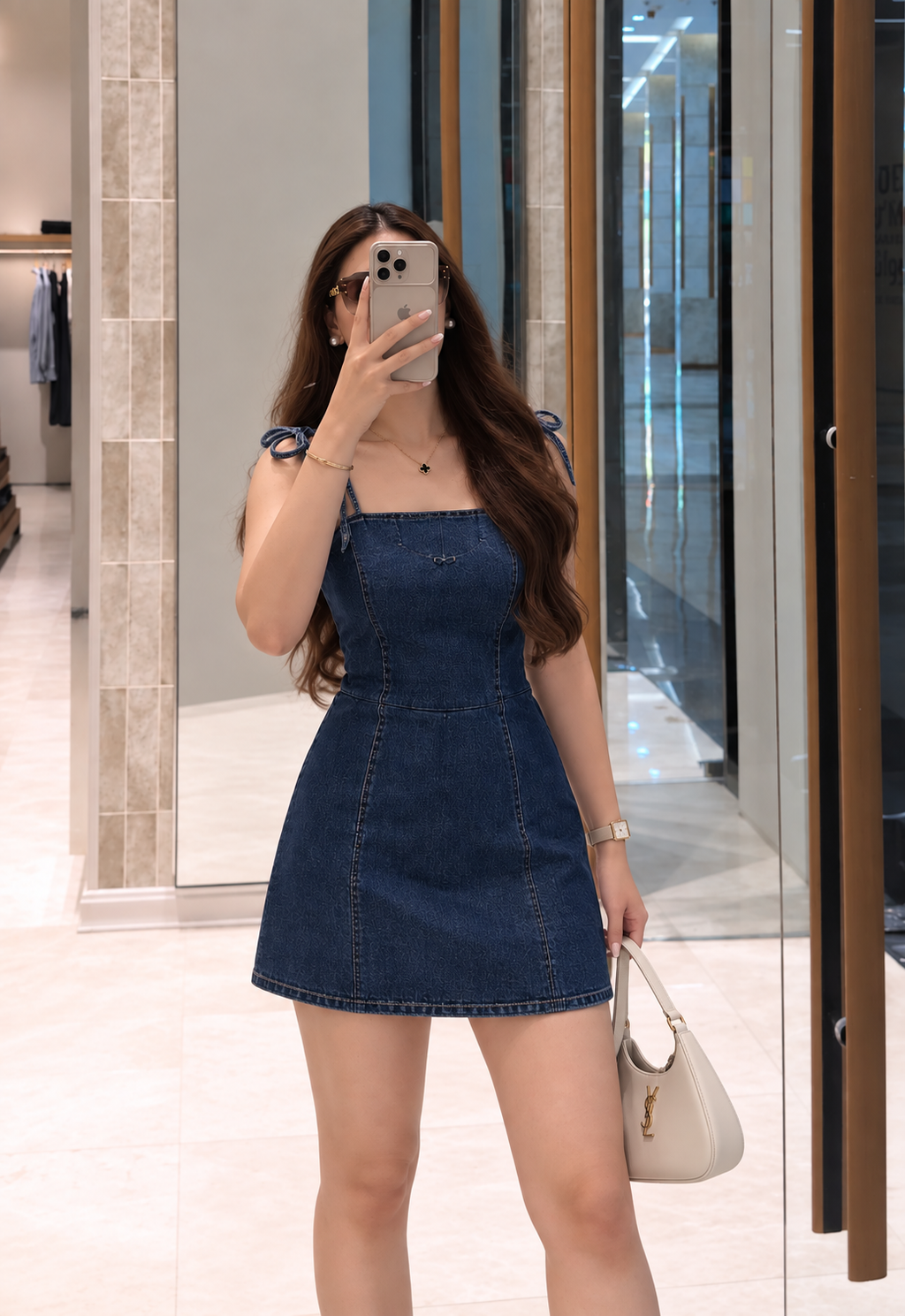 Indigo Bow-Strap Denim Mini Dress