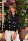 Sheer Blouse with Ruffles Details in Black Polka Dots