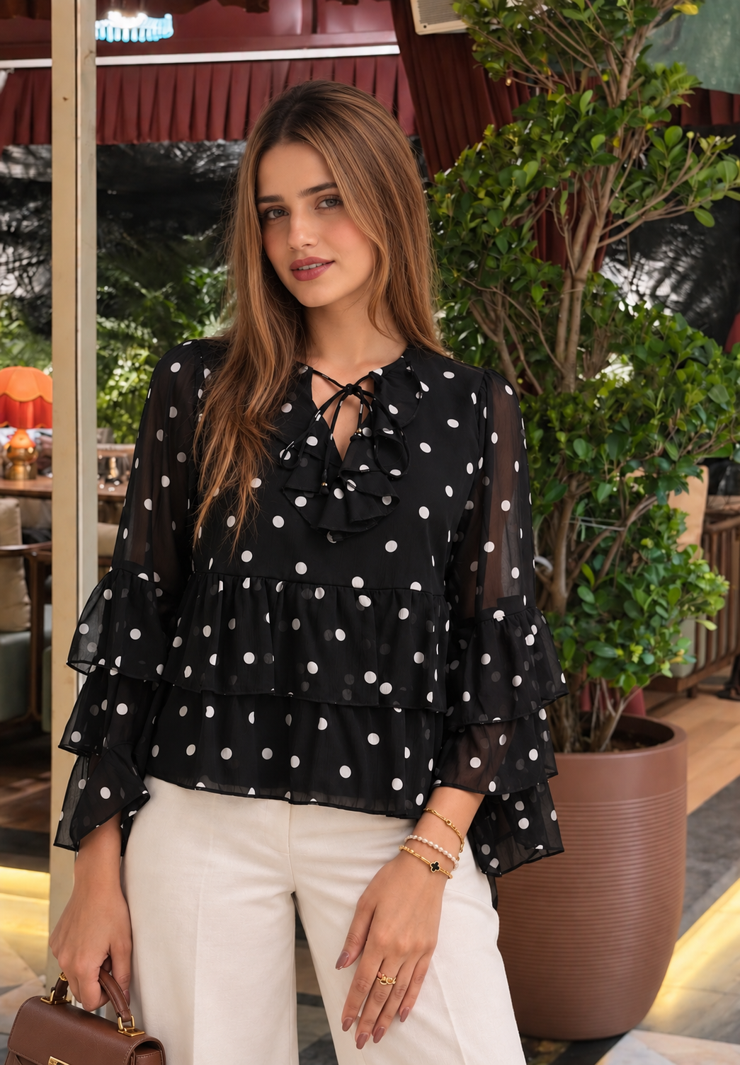 Sheer Blouse with Ruffles Details in Black Polka Dots