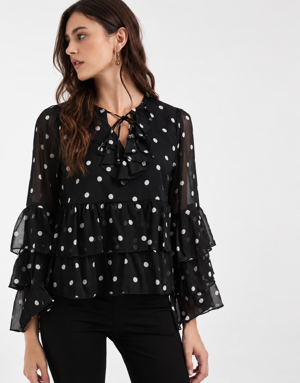 Sheer Blouse with Ruffles Details in Black Polka Dots