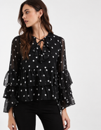 Sheer Blouse with Ruffles Details in Black Polka Dots