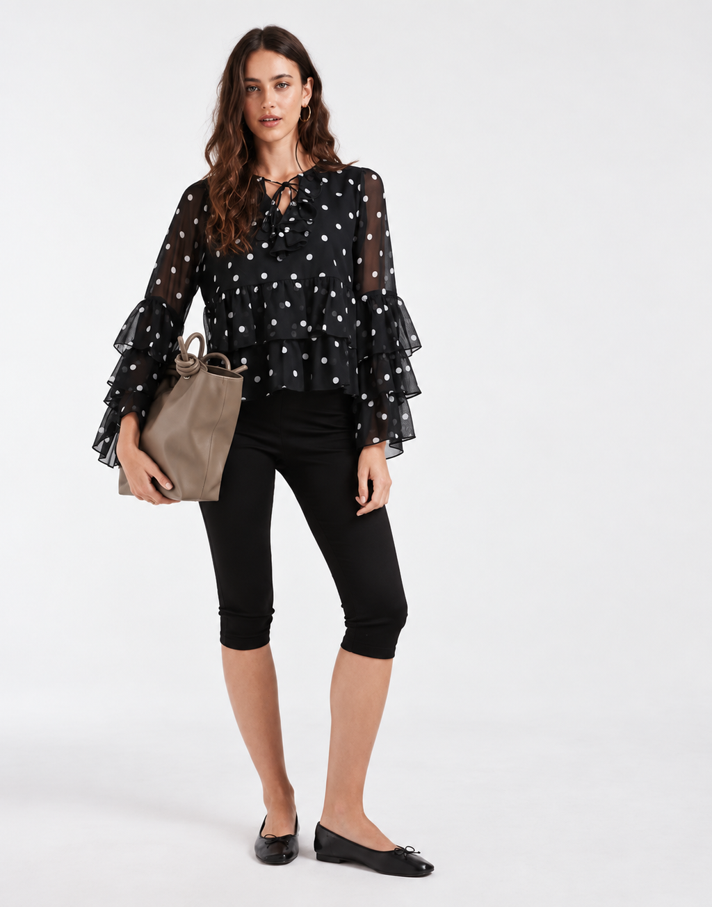 Sheer Blouse with Ruffles Details in Black Polka Dots