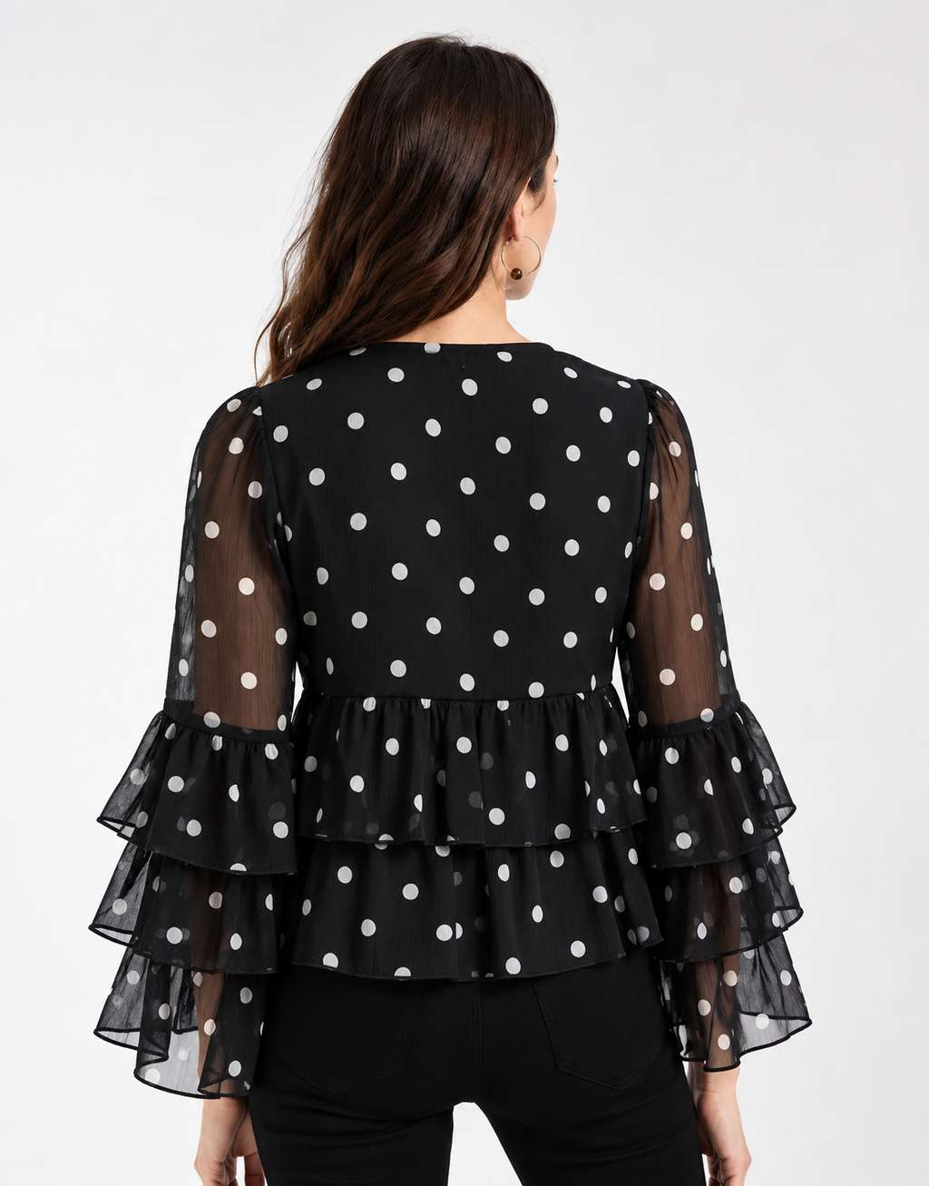 Sheer Blouse with Ruffles Details in Black Polka Dots