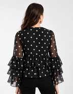 Sheer Blouse with Ruffles Details in Black Polka Dots