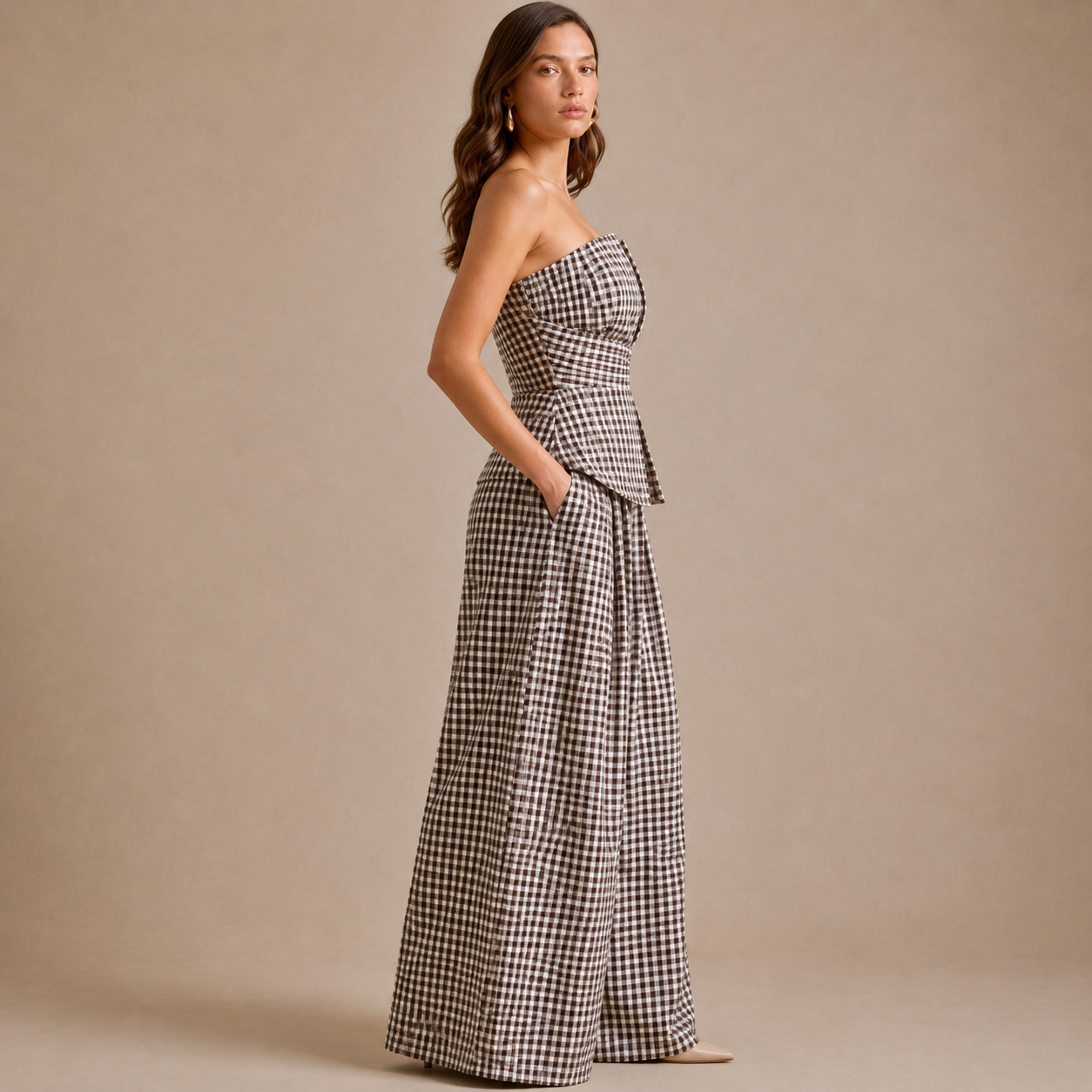 Brown Gingham Strapless Peplum Co-Ord Set