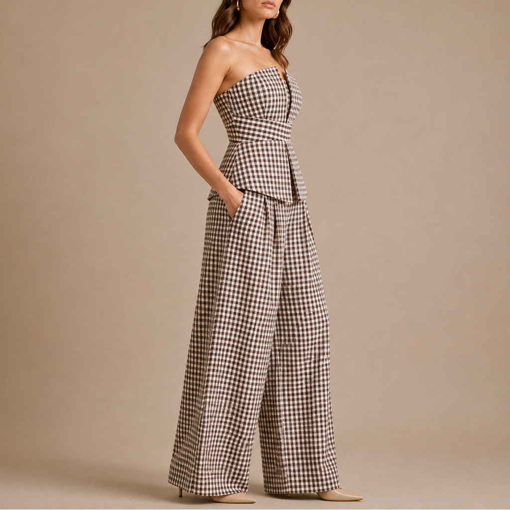 Brown Gingham Strapless Peplum Co-Ord Set