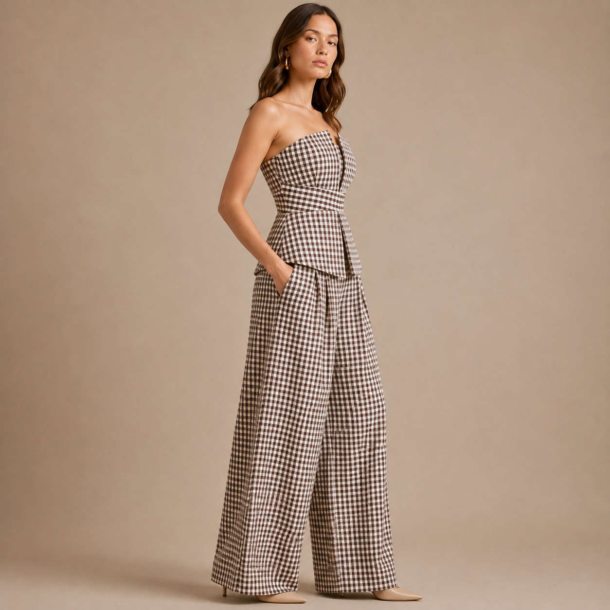 Brown Gingham Strapless Peplum Co-Ord Set
