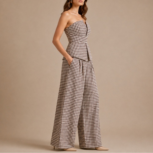 Brown Gingham Strapless Peplum Co-Ord Set