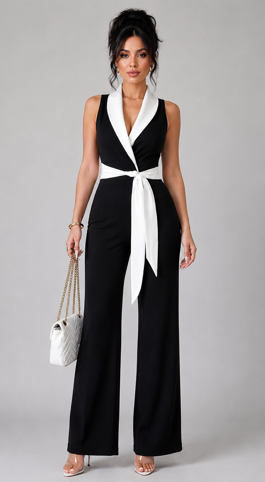 Black & White Contrast Wrap Jumpsuit
