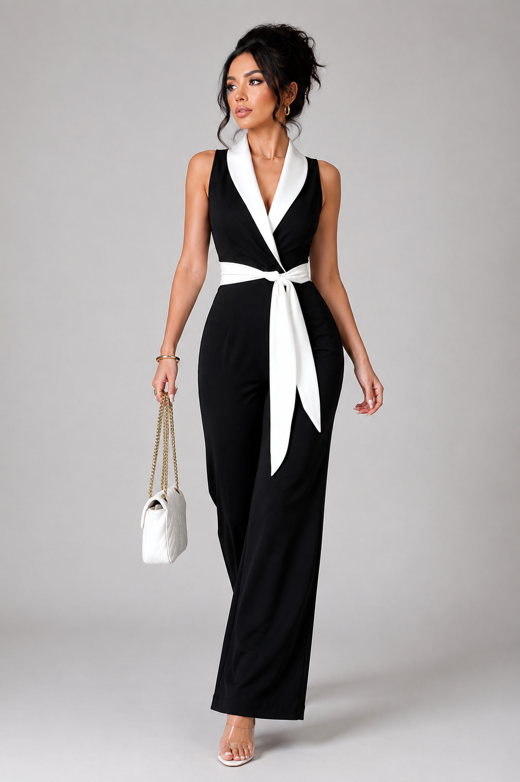 Black & White Contrast Wrap Jumpsuit