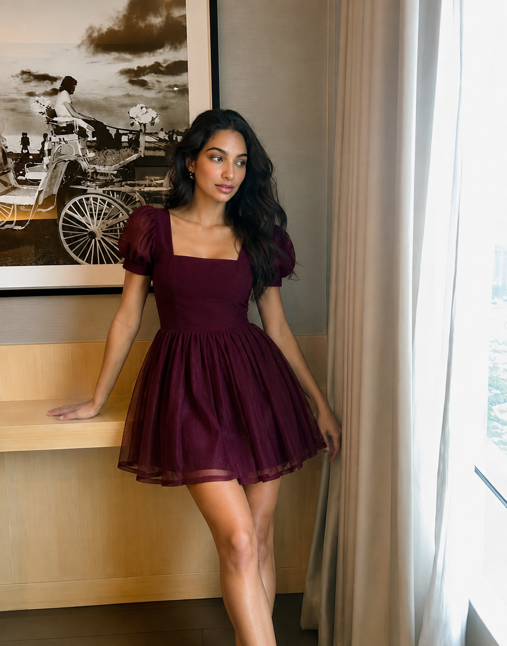 Wine Puff-Sleeve Skater Dress
